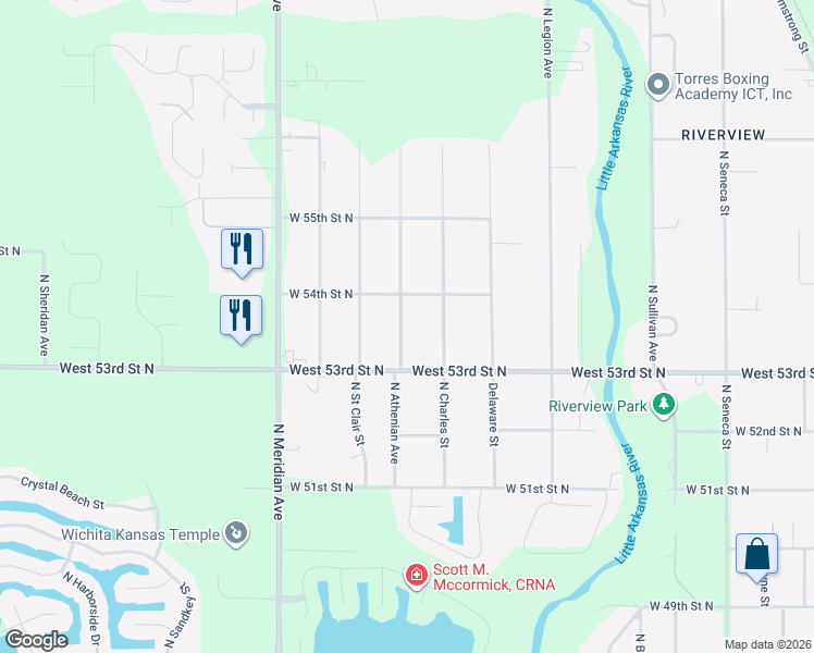 map of restaurants, bars, coffee shops, grocery stores, and more near 5474 North Athenian Avenue in Wichita