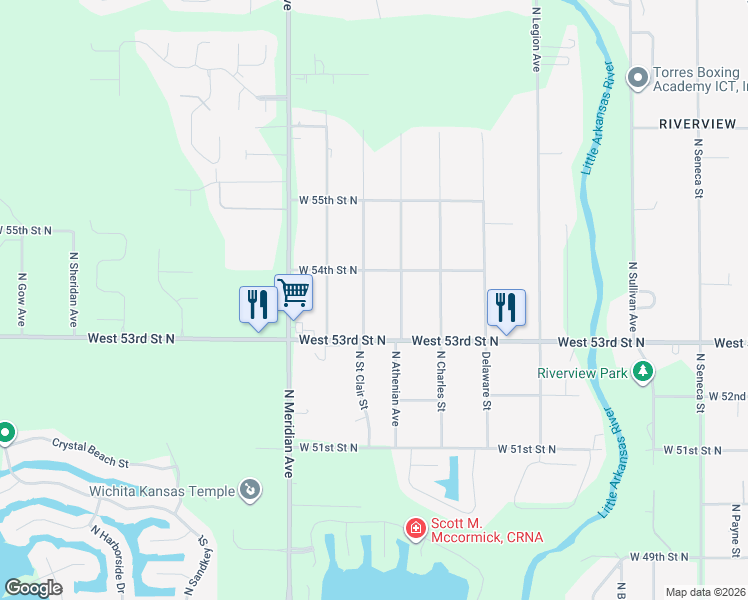 map of restaurants, bars, coffee shops, grocery stores, and more near 5474 North Saint Clair Street in Wichita