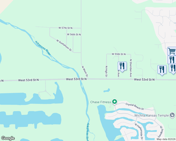 map of restaurants, bars, coffee shops, grocery stores, and more near 5500-5516 North West Street in Wichita