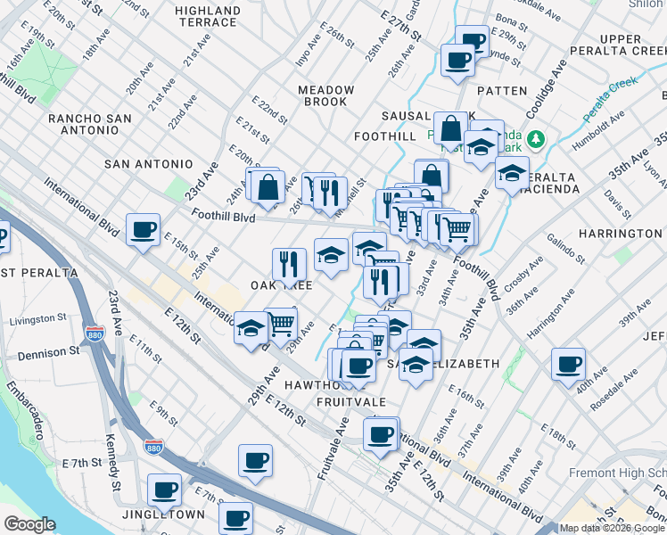 map of restaurants, bars, coffee shops, grocery stores, and more near 1742 28th Avenue in Oakland