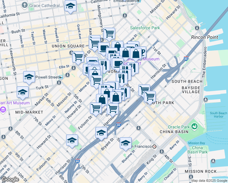 map of restaurants, bars, coffee shops, grocery stores, and more near 750 Folsom Street in San Francisco