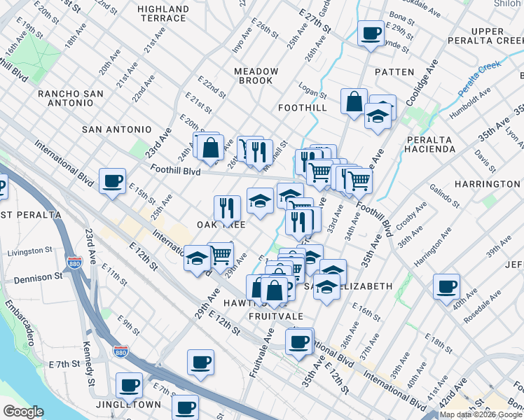 map of restaurants, bars, coffee shops, grocery stores, and more near 1742 28th Avenue in Oakland
