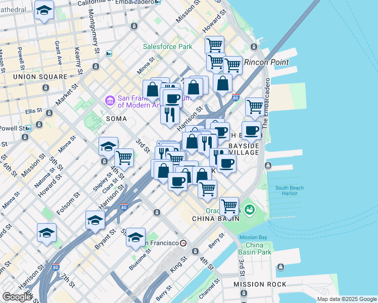 map of restaurants, bars, coffee shops, grocery stores, and more near 455 2nd Street in San Francisco