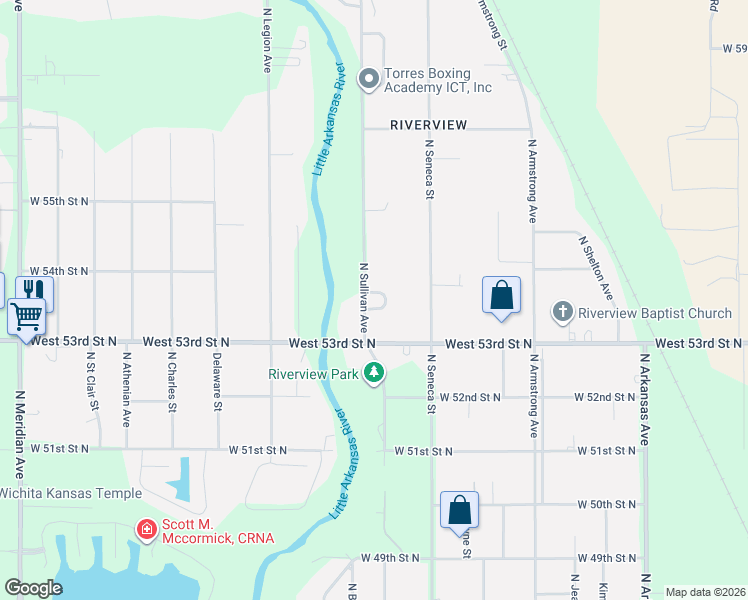 map of restaurants, bars, coffee shops, grocery stores, and more near 5470 North Sullivan Court in Wichita