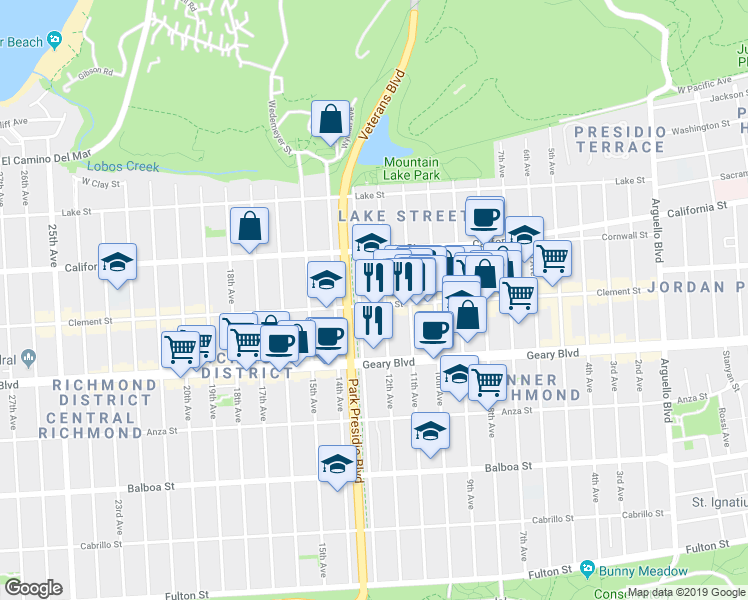 map of restaurants, bars, coffee shops, grocery stores, and more near 262 Funston Avenue in San Francisco