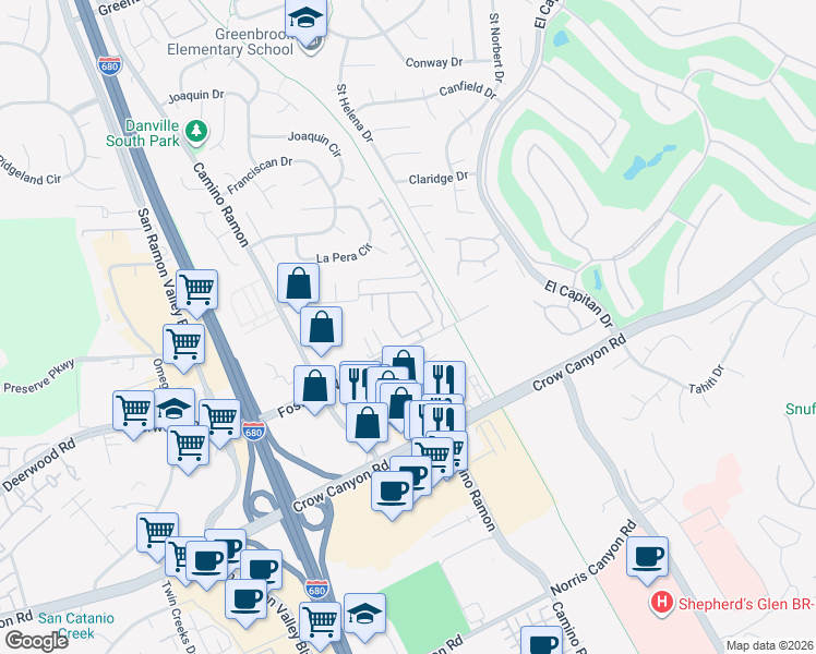 map of restaurants, bars, coffee shops, grocery stores, and more near 3098 Fostoria Circle in Danville