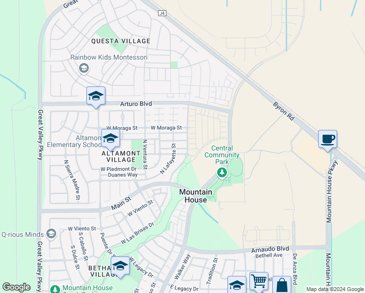 map of restaurants, bars, coffee shops, grocery stores, and more near 165 Santa Barbara Way in Tracy