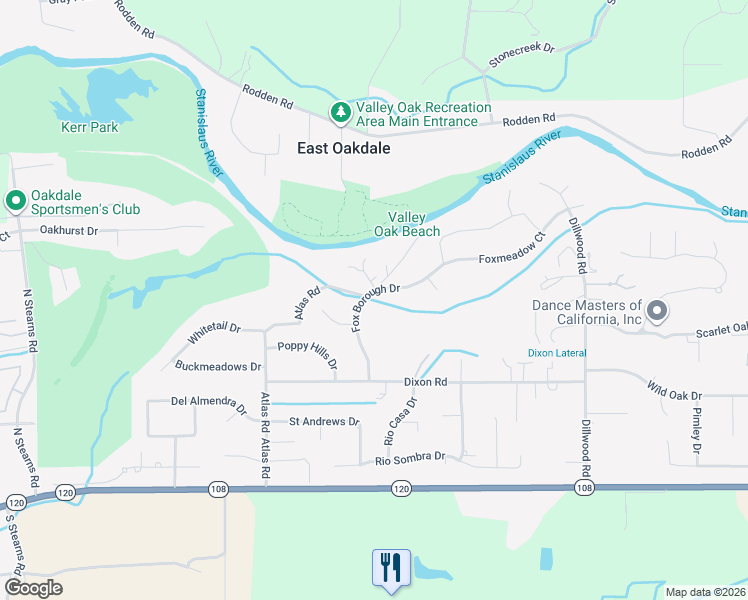 map of restaurants, bars, coffee shops, grocery stores, and more near 10203 Atlas Road in Oakdale