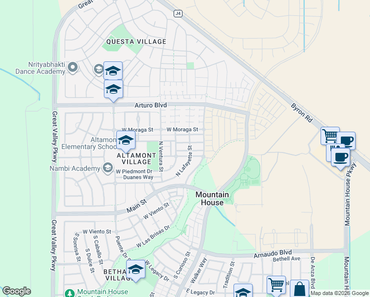 map of restaurants, bars, coffee shops, grocery stores, and more near 197 Santa Cruz Way in Mountain House