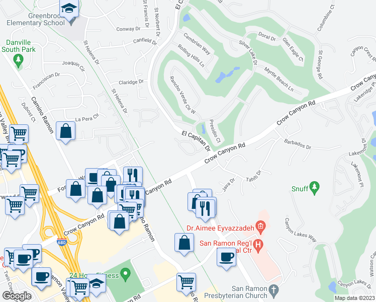map of restaurants, bars, coffee shops, grocery stores, and more near 2175 Onida Circle in Danville