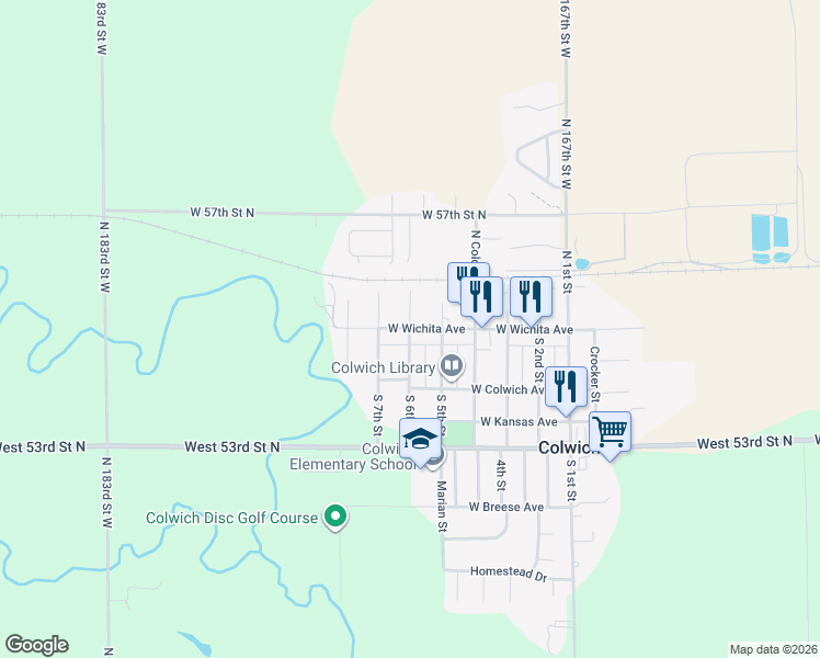 map of restaurants, bars, coffee shops, grocery stores, and more near North 6th Street in Colwich