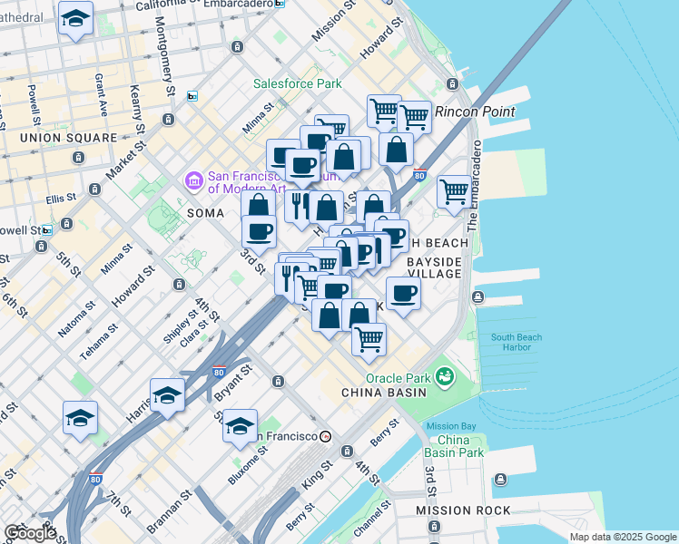 map of restaurants, bars, coffee shops, grocery stores, and more near 414 Bryant Street in San Francisco