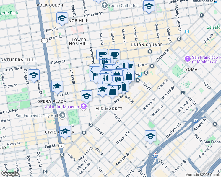 map of restaurants, bars, coffee shops, grocery stores, and more near 180 Jones Street in San Francisco