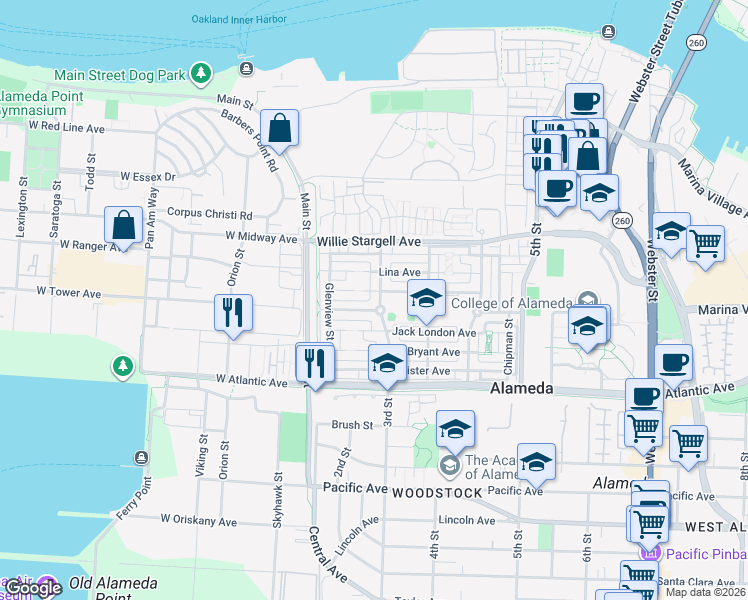map of restaurants, bars, coffee shops, grocery stores, and more near 2371 Tuttle Lane in Alameda