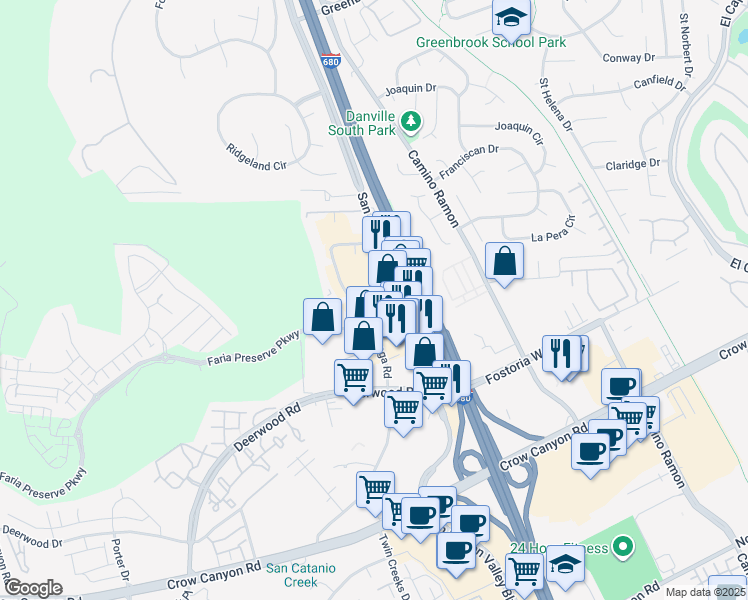 map of restaurants, bars, coffee shops, grocery stores, and more near 2120 Omega Road in San Ramon