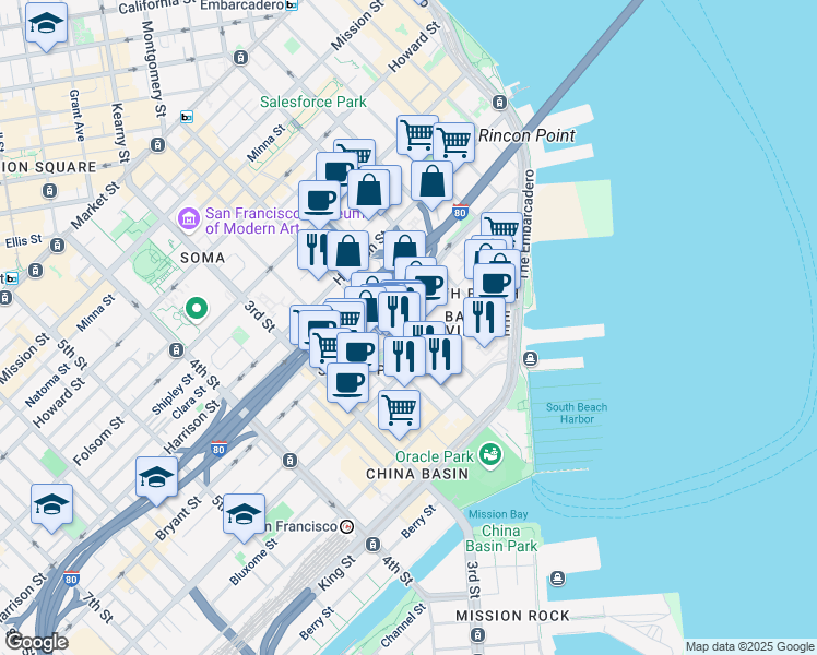 map of restaurants, bars, coffee shops, grocery stores, and more near 355 Bryant Street in San Francisco