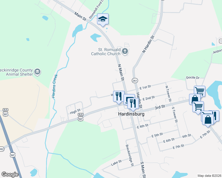 map of restaurants, bars, coffee shops, grocery stores, and more near 100 Breckinridge Street in Hardinsburg