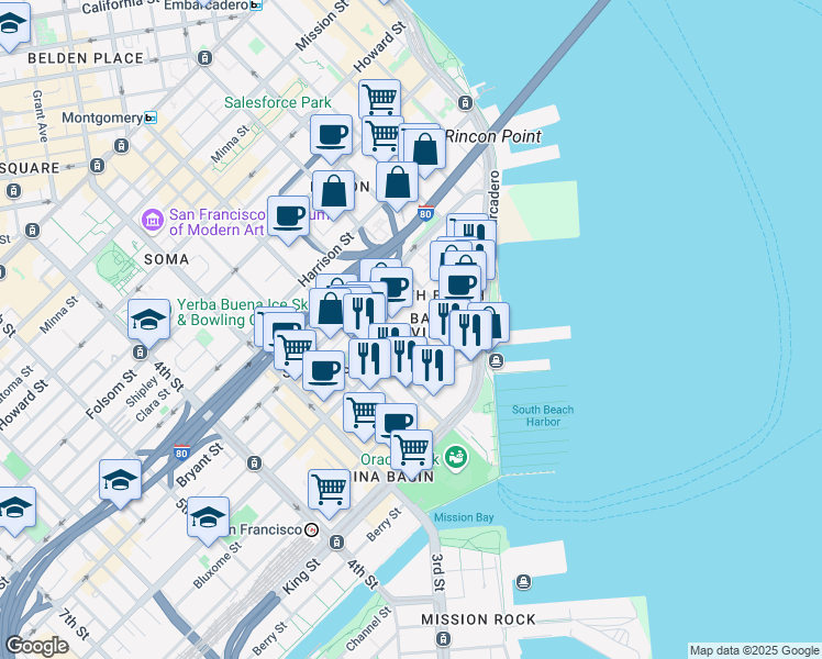 map of restaurants, bars, coffee shops, grocery stores, and more near 250 Brannan Street in San Francisco
