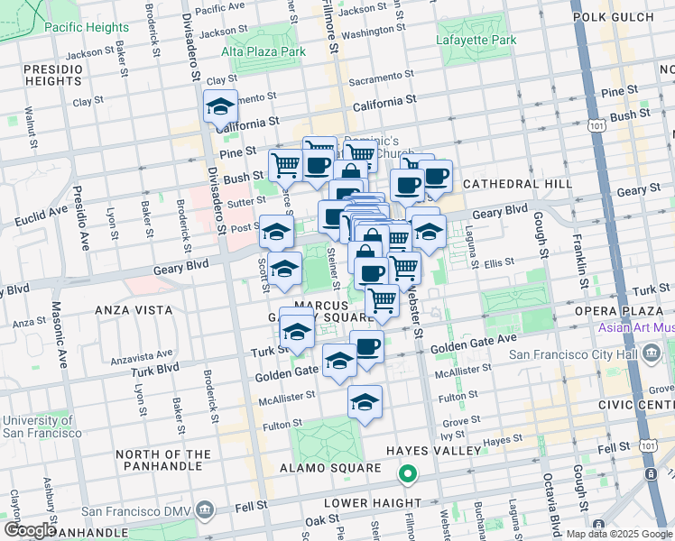 map of restaurants, bars, coffee shops, grocery stores, and more near 1540 Steiner Street in San Francisco