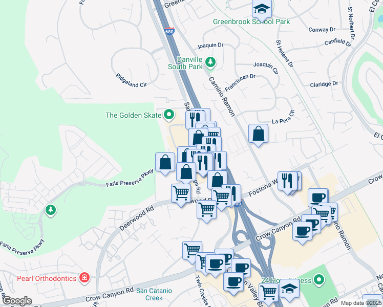 map of restaurants, bars, coffee shops, grocery stores, and more near 2120 Omega Road in San Ramon
