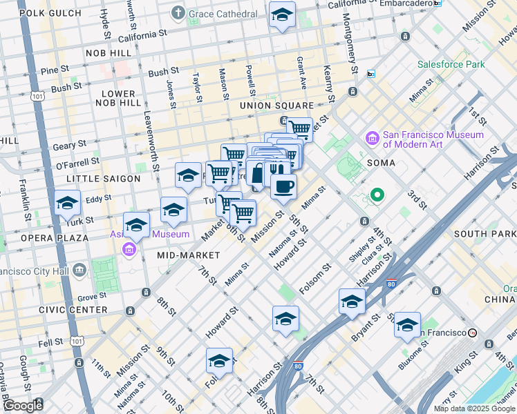 map of restaurants, bars, coffee shops, grocery stores, and more near 865 Market Street in San Francisco