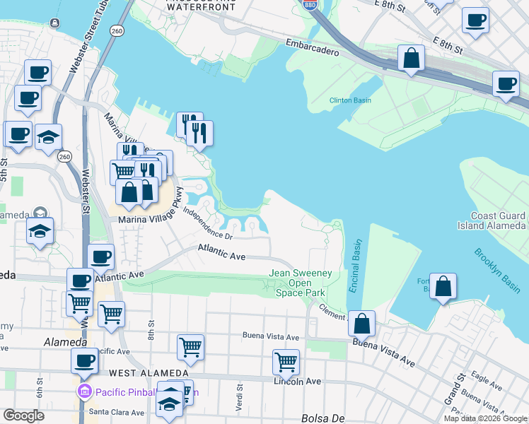 map of restaurants, bars, coffee shops, grocery stores, and more near 1101 Pacific Marina in Alameda