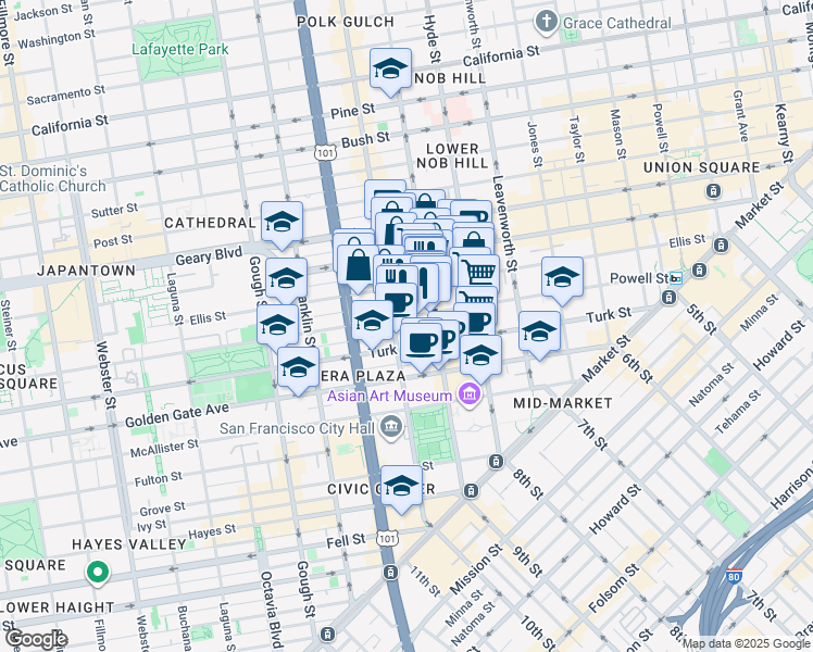 map of restaurants, bars, coffee shops, grocery stores, and more near in San Francisco