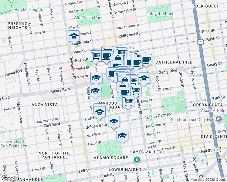 map of restaurants, bars, coffee shops, grocery stores, and more near 1795 O'Farrell Street in San Francisco