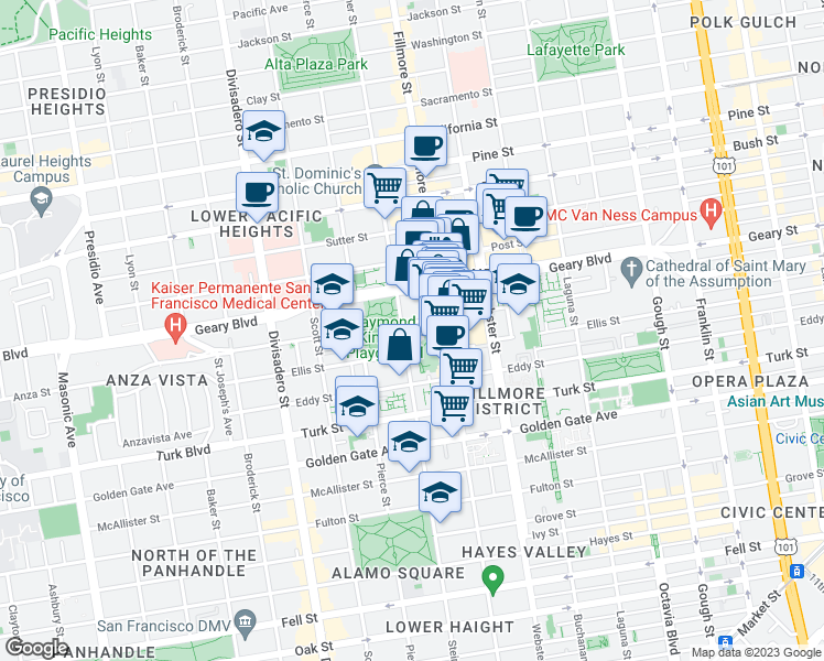 map of restaurants, bars, coffee shops, grocery stores, and more near 1540 Steiner Street in San Francisco
