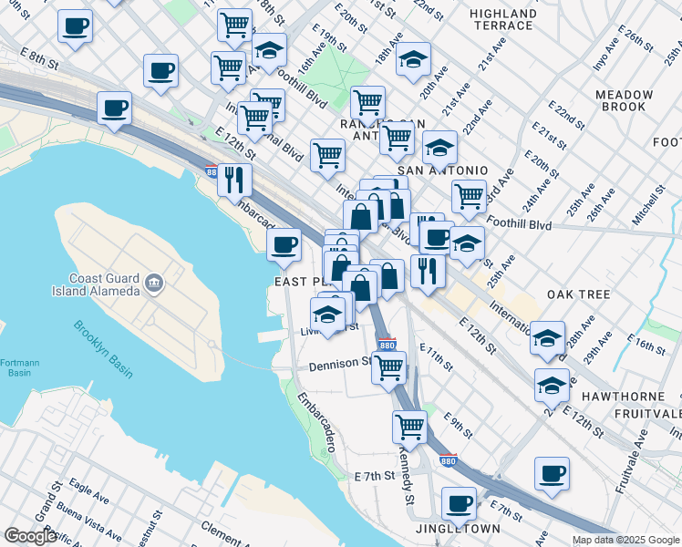map of restaurants, bars, coffee shops, grocery stores, and more near 1035 22nd Avenue in Oakland