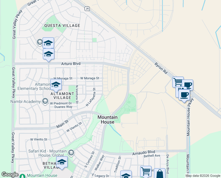 map of restaurants, bars, coffee shops, grocery stores, and more near 153 Santa Cruz Way in Mountain House