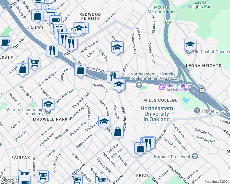 map of restaurants, bars, coffee shops, grocery stores, and more near 3535 Pierson Street in Oakland