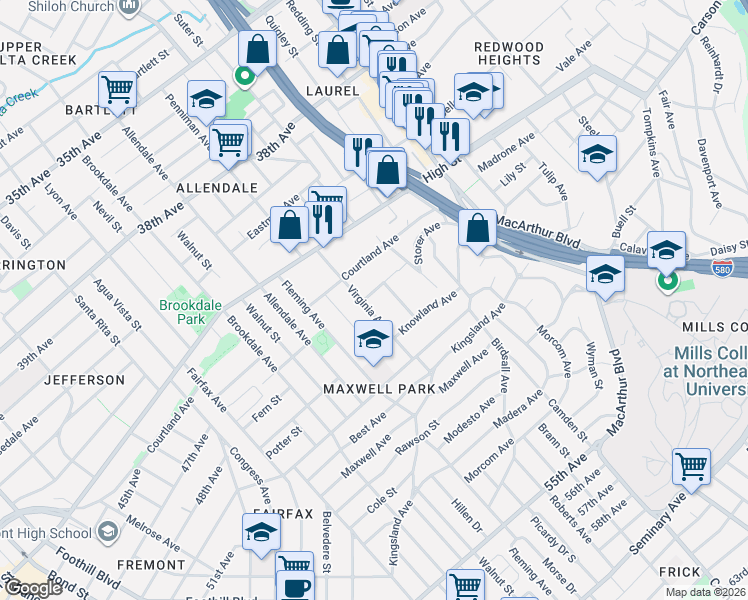 map of restaurants, bars, coffee shops, grocery stores, and more near 3141 Herriott Avenue in Oakland