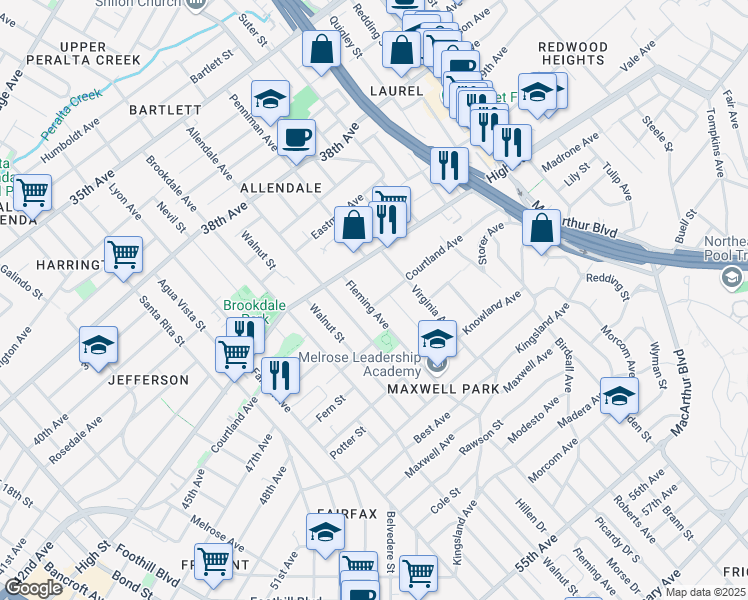 map of restaurants, bars, coffee shops, grocery stores, and more near in Oakland