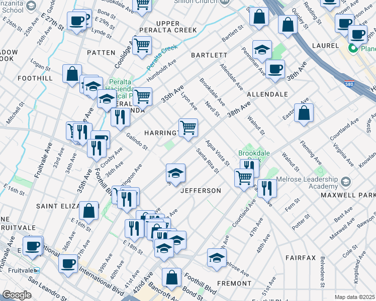 map of restaurants, bars, coffee shops, grocery stores, and more near 3718 Santa Rita Street in Oakland