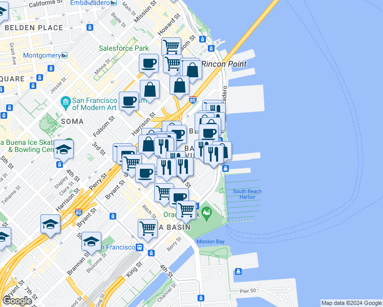 map of restaurants, bars, coffee shops, grocery stores, and more near in San Francisco