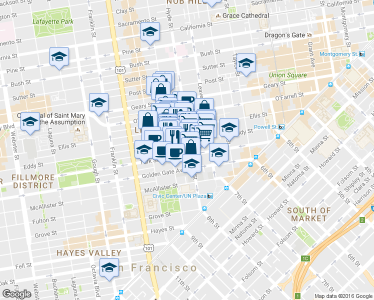 map of restaurants, bars, coffee shops, grocery stores, and more near in San Francisco