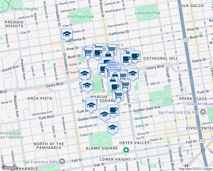 map of restaurants, bars, coffee shops, grocery stores, and more near 1540 Steiner Street in San Francisco