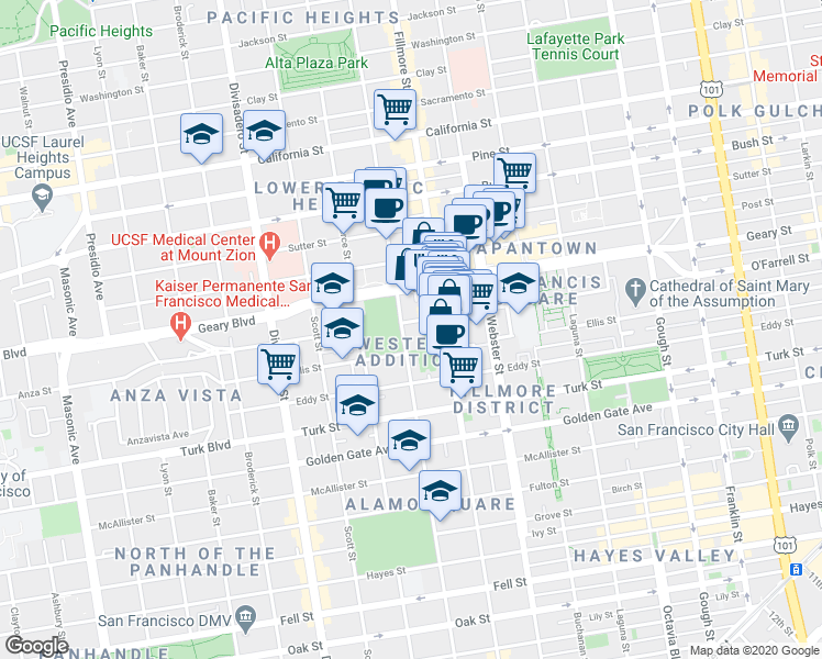 map of restaurants, bars, coffee shops, grocery stores, and more near 1540 Steiner Street in San Francisco