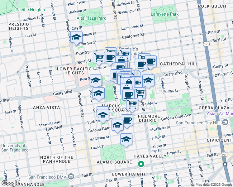map of restaurants, bars, coffee shops, grocery stores, and more near 39 O'Farrell Street in San Francisco