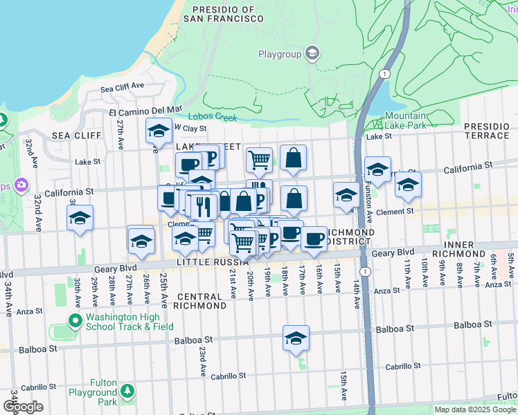 map of restaurants, bars, coffee shops, grocery stores, and more near 236 20th Avenue in San Francisco