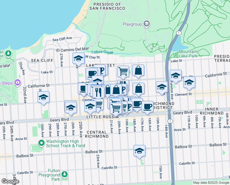 map of restaurants, bars, coffee shops, grocery stores, and more near 236 20th Avenue in San Francisco