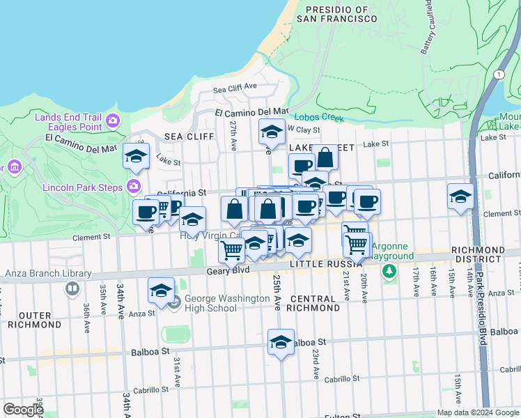 map of restaurants, bars, coffee shops, grocery stores, and more near 6331 California Street in San Francisco