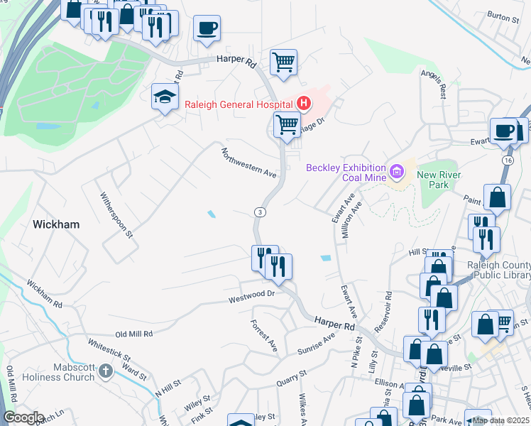 map of restaurants, bars, coffee shops, grocery stores, and more near 1537 Harper Road in Beckley