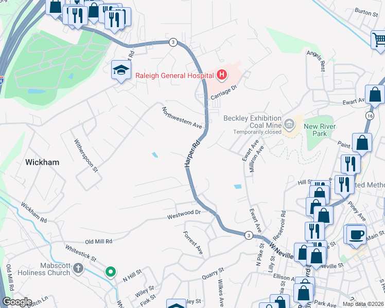 map of restaurants, bars, coffee shops, grocery stores, and more near 1537 Harper Road in Beckley