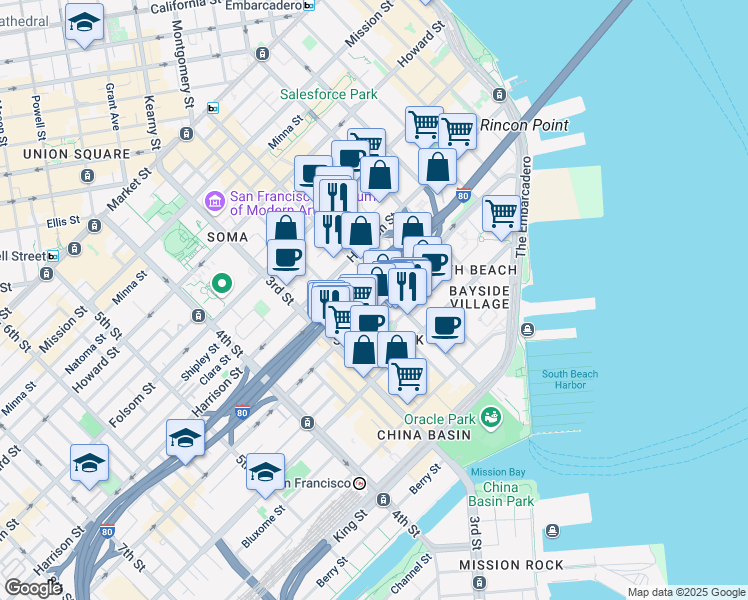 map of restaurants, bars, coffee shops, grocery stores, and more near 455 2nd Street in San Francisco