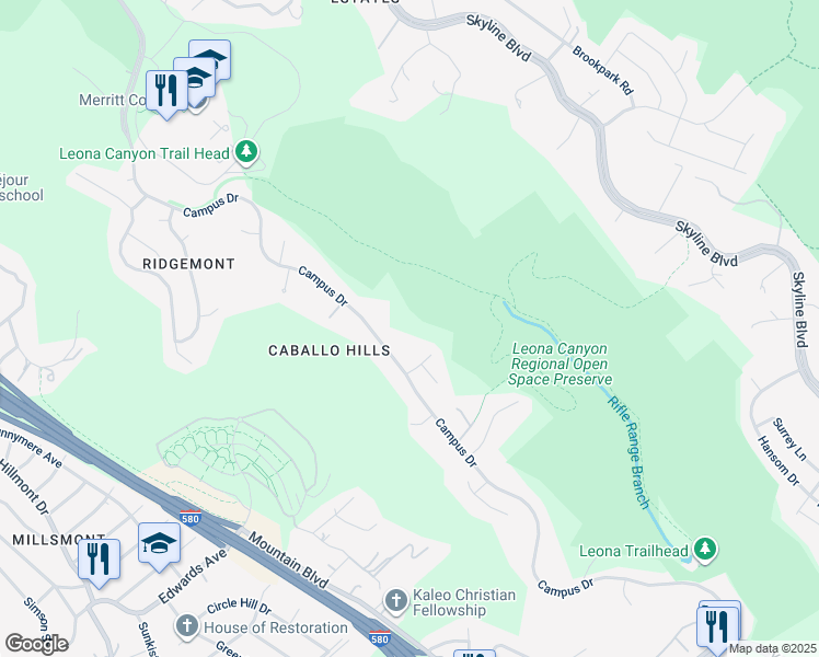 map of restaurants, bars, coffee shops, grocery stores, and more near 13526 Campus Drive in Oakland