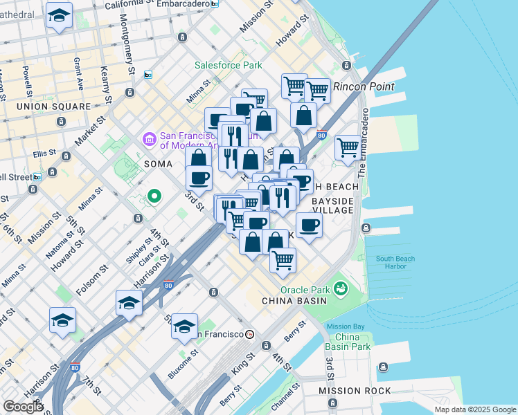 map of restaurants, bars, coffee shops, grocery stores, and more near 414 Bryant Street in San Francisco