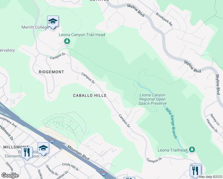 map of restaurants, bars, coffee shops, grocery stores, and more near 13526 Campus Drive in Oakland