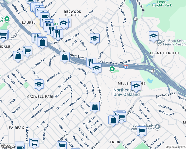 map of restaurants, bars, coffee shops, grocery stores, and more near 3554 Pierson Street in Oakland